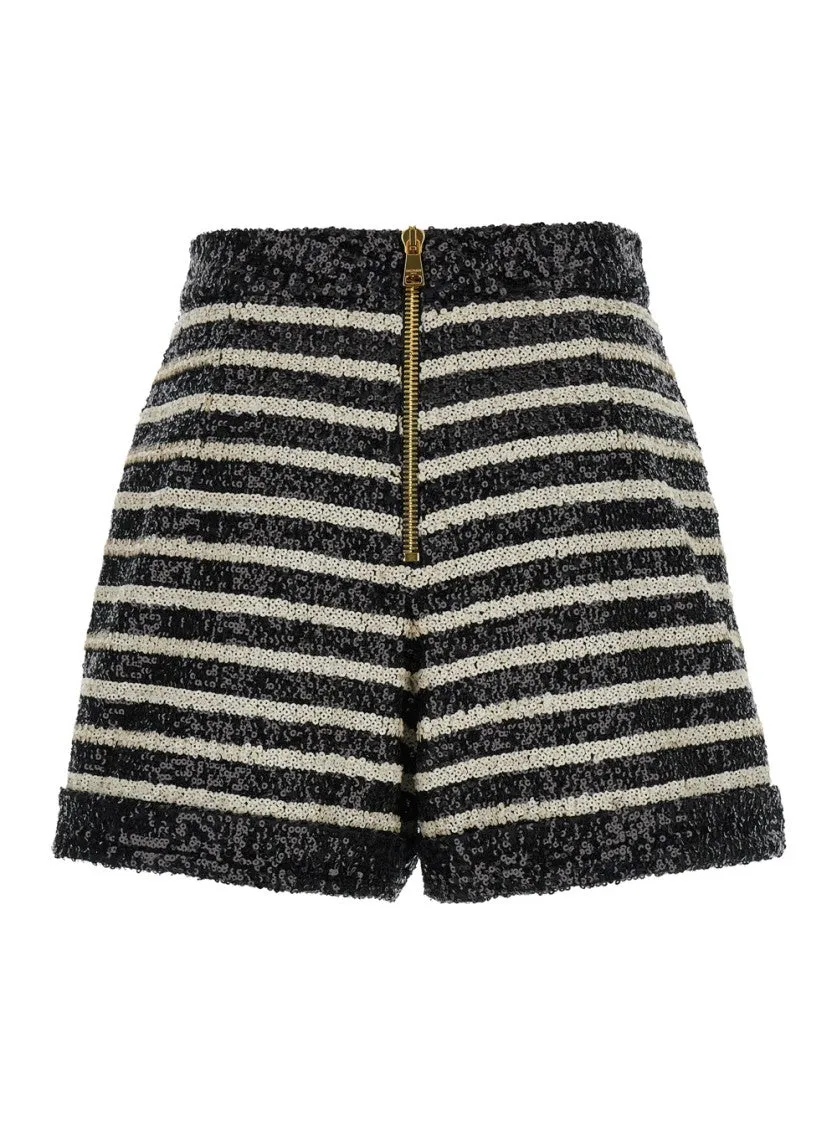 All-Over Sequins Fabric Black And White Striped Shorts