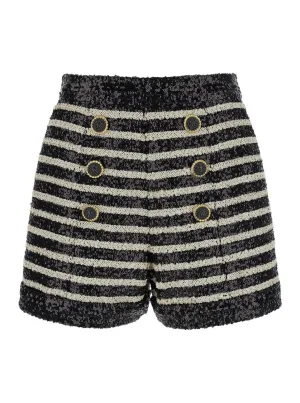All-Over Sequins Fabric Black And White Striped Shorts