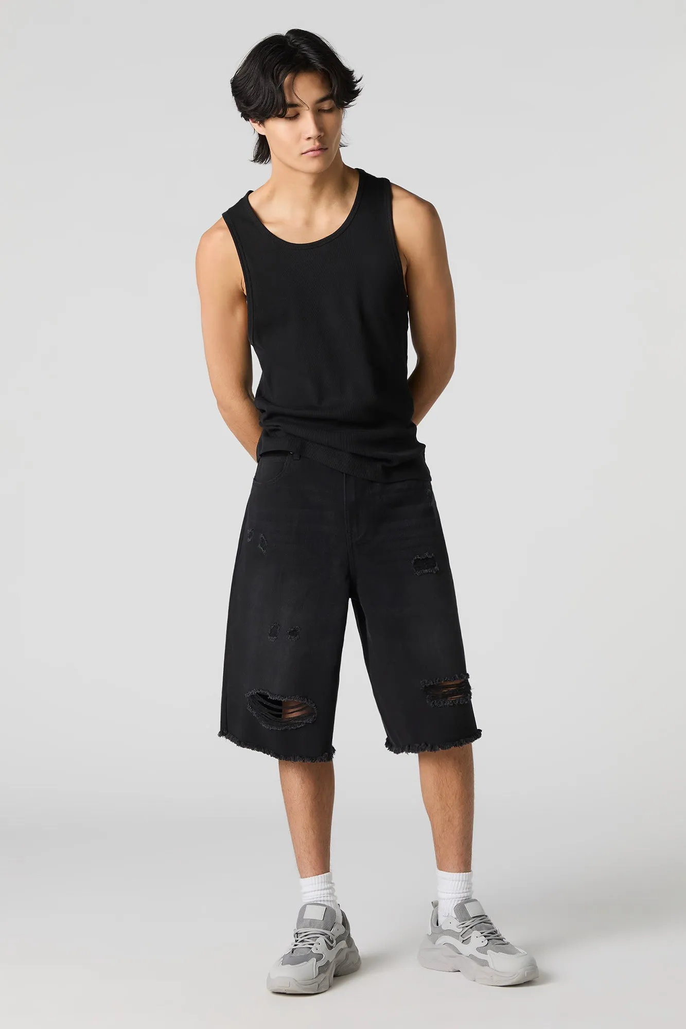 Black Wash Distressed Denim Skater Short