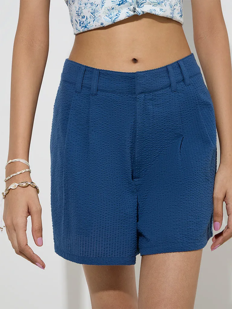 Bombay Paisley Indigo Seersucker Striped Cotton Shorts