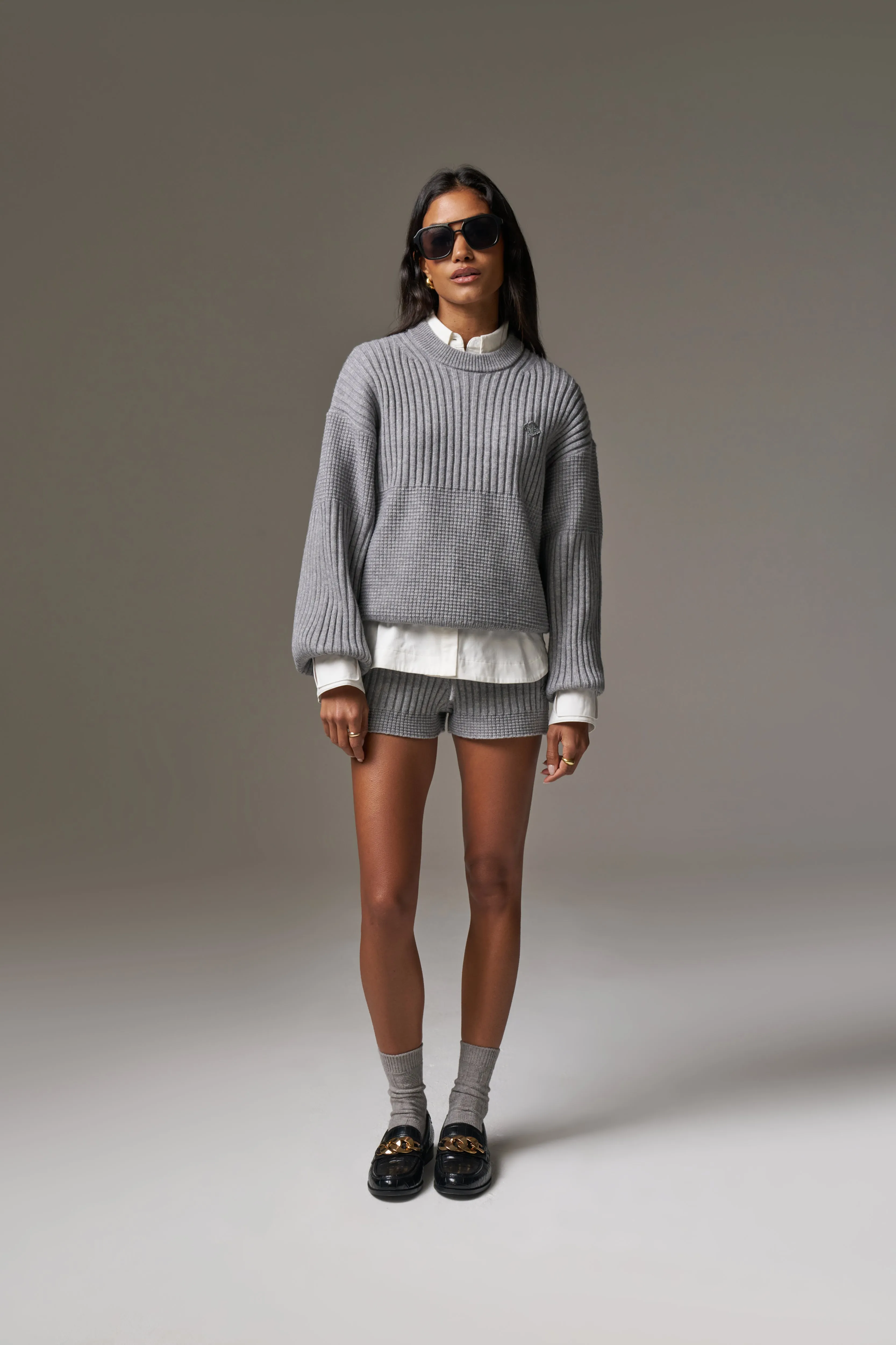 CONTRAST KNIT MINI SHORTS - GREY MARL