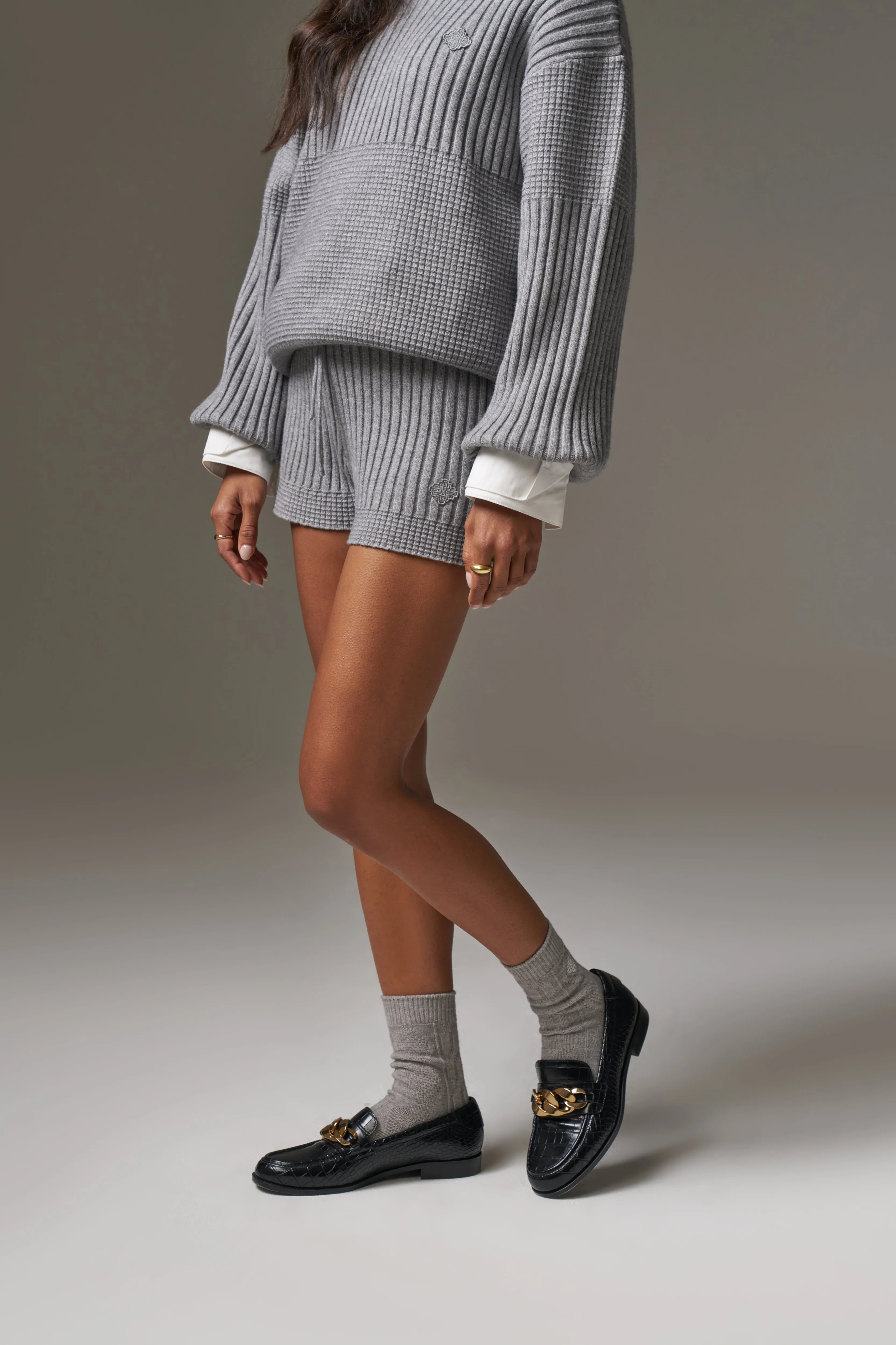 CONTRAST KNIT MINI SHORTS - GREY MARL