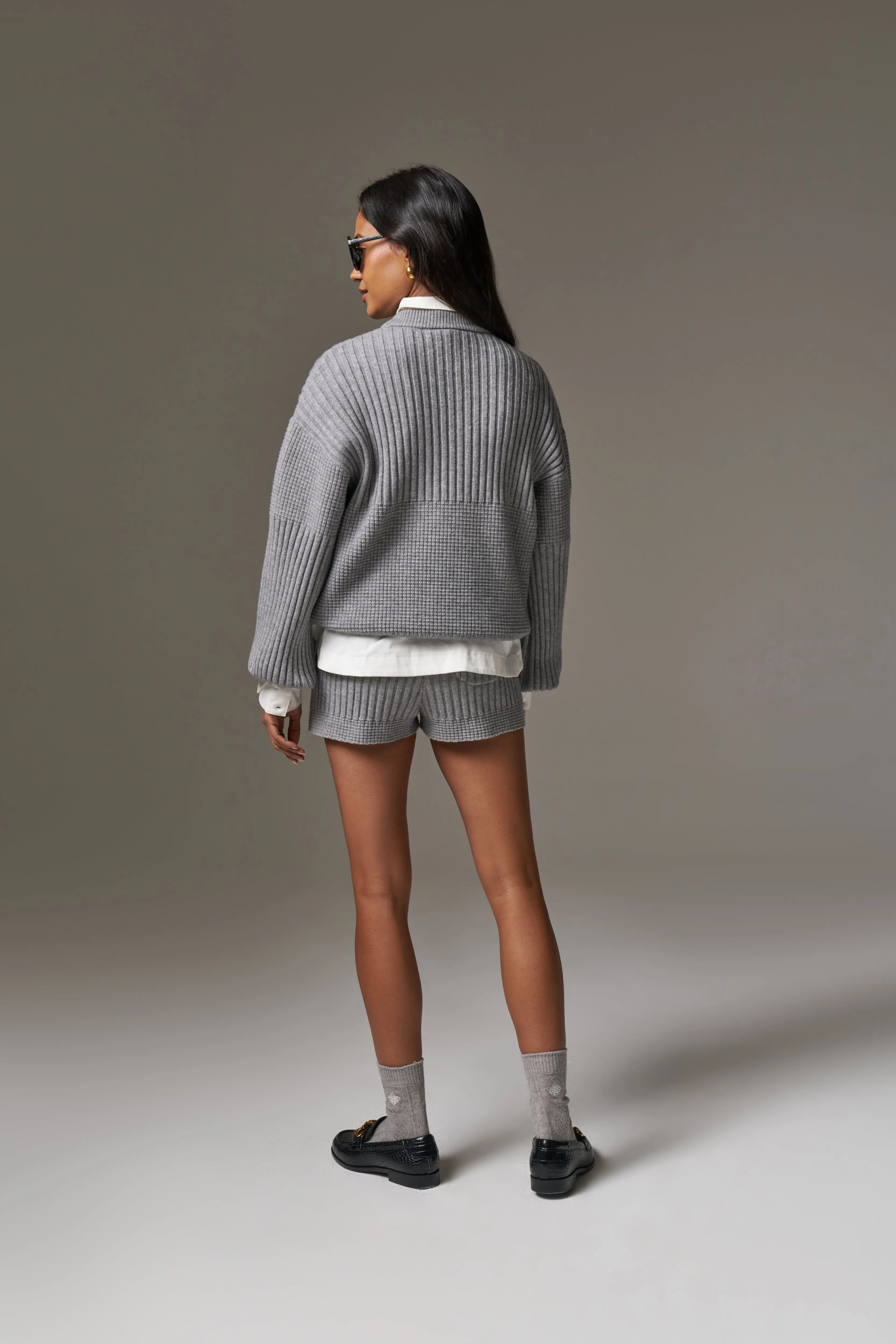 CONTRAST KNIT MINI SHORTS - GREY MARL
