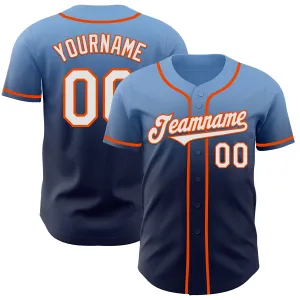 Custom Light Blue Navy-Orange Authentic Fade Fashion Baseball Jersey