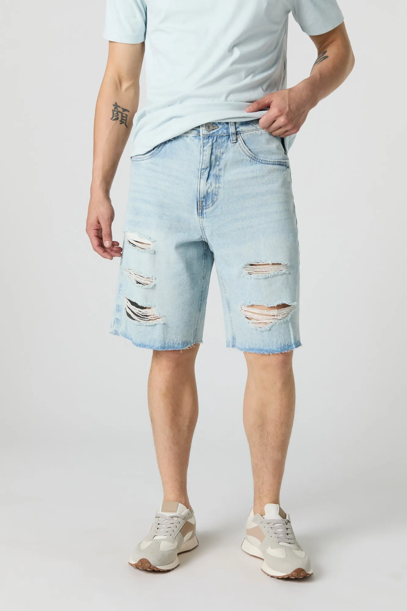 Distressed Low Rise Baggy Drawstring Denim Short