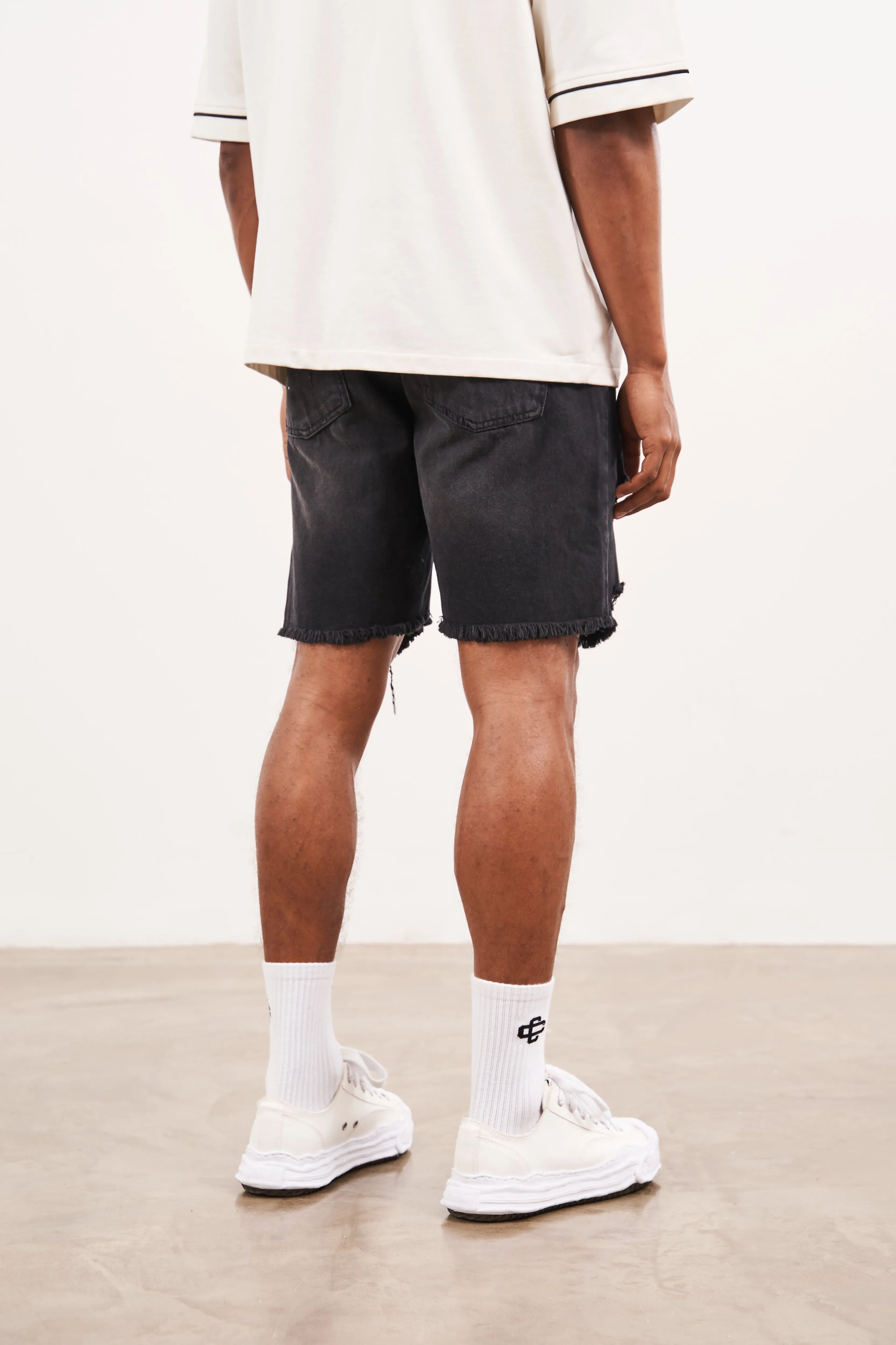 DISTRESSED RAW HEM DENIM SHORTS - WASHED BLACK