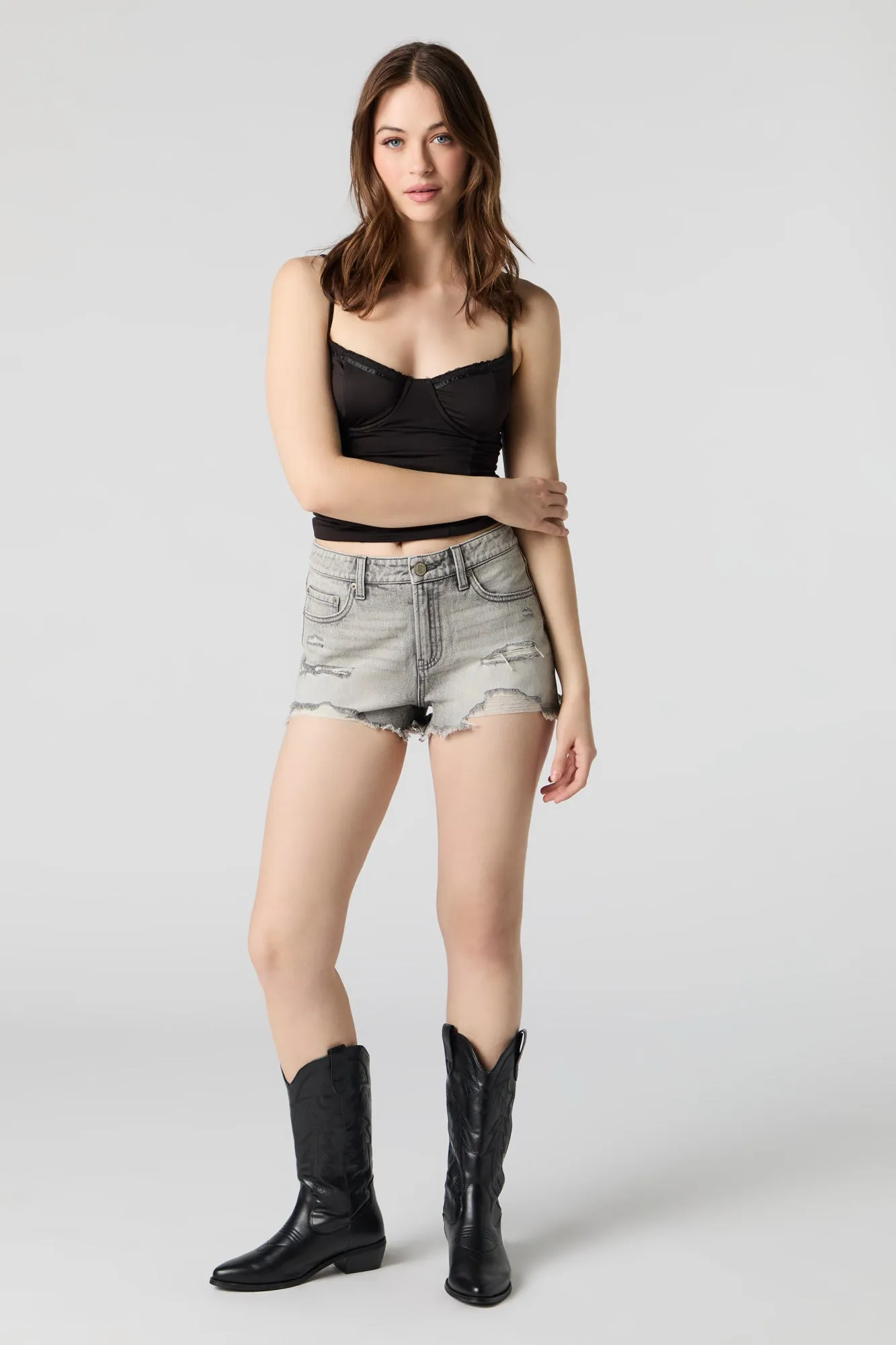 Grey Wash Distressed Denim Short