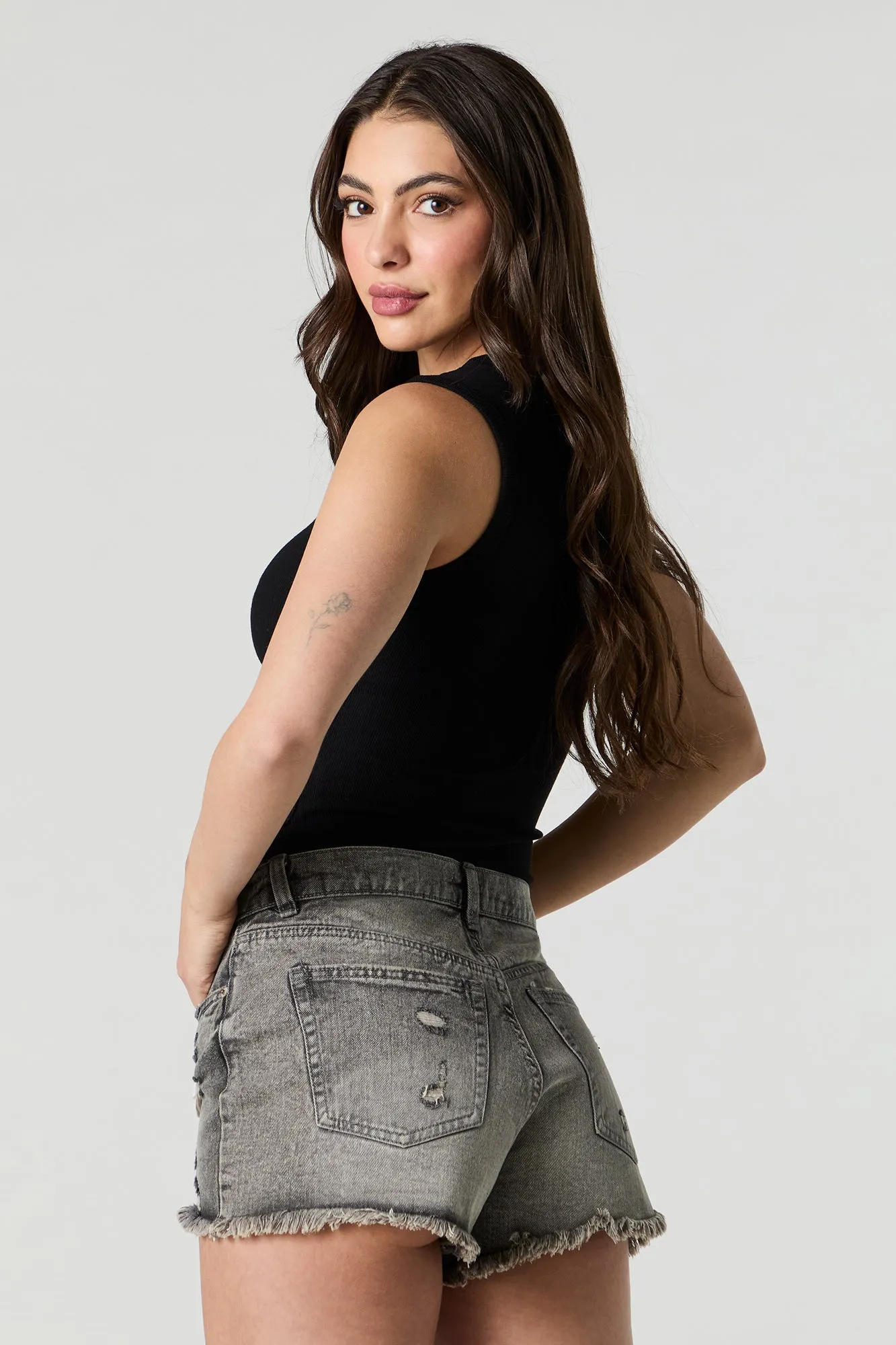 Grey Wash Distressed Denim Short