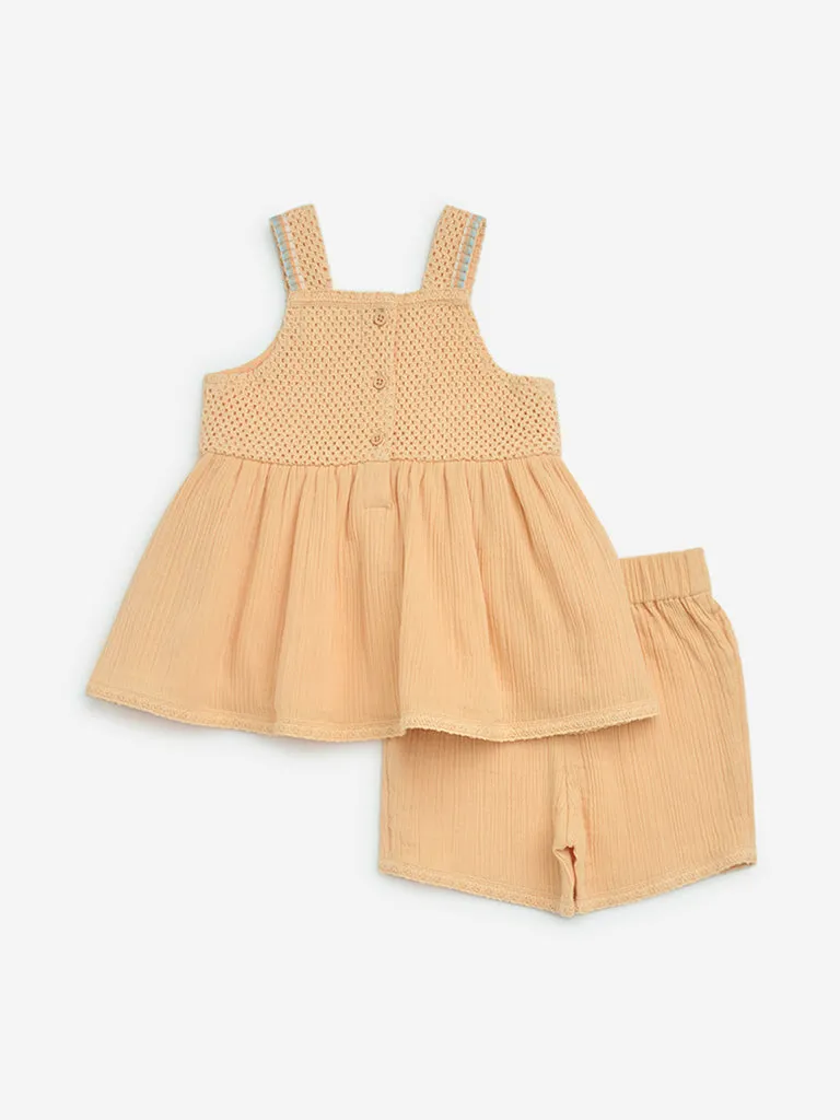 HOP Baby Orange Embroidered Cotton Top and Shorts Set