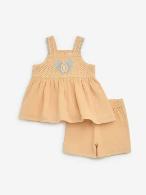 HOP Baby Orange Embroidered Cotton Top and Shorts Set