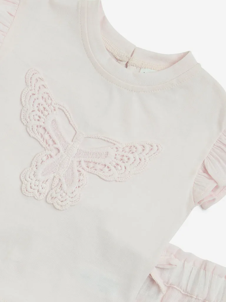HOP Baby Pink Embroidered Cotton Top and Shorts Set