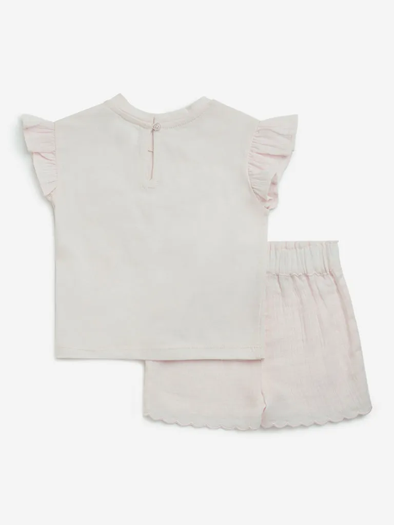 HOP Baby Pink Embroidered Cotton Top and Shorts Set
