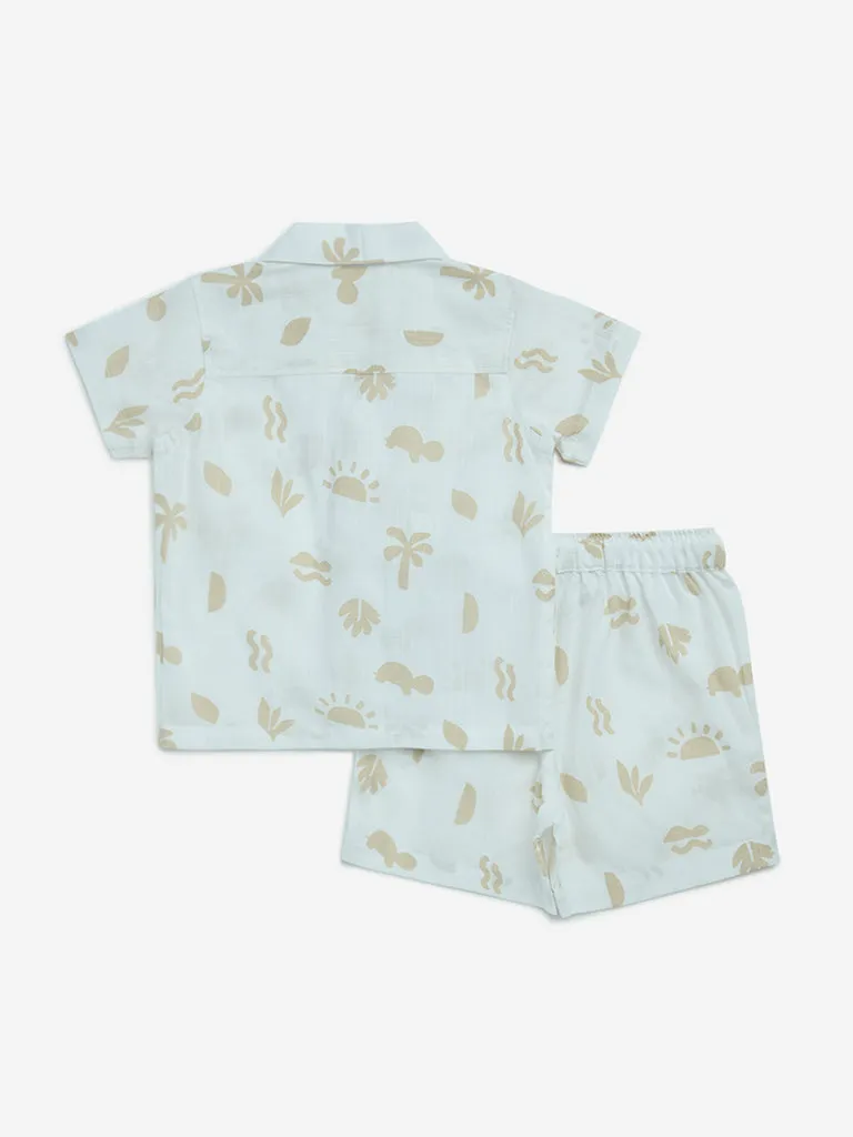 HOP Baby White Printed Cotton Shirt with Shorts Set