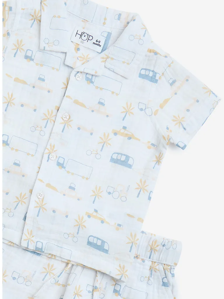 HOP Baby White Printed Cotton Shirt with Shorts Set