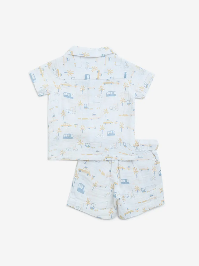 HOP Baby White Printed Cotton Shirt with Shorts Set
