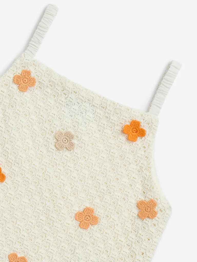 HOP Kids Off-White Crochet-Detailed Cotton-Blend Top
