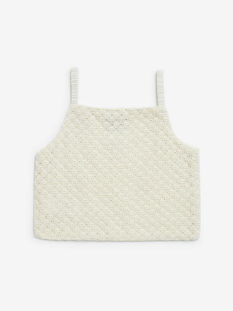 HOP Kids Off-White Crochet-Detailed Cotton-Blend Top