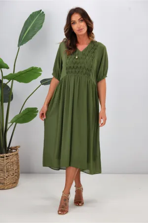 Jane James Jasmine Smocking Front Dress Olive