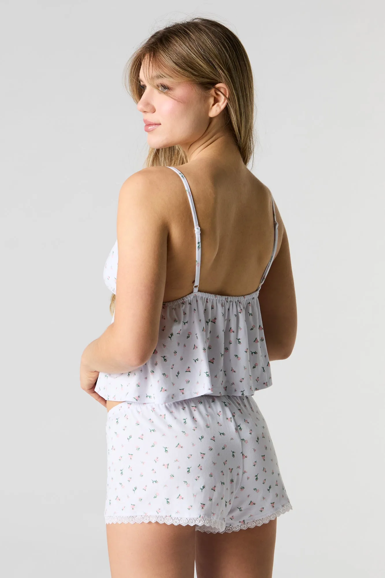 Lace Trim Babydoll Cami & Short 2 Piece Pajama Set