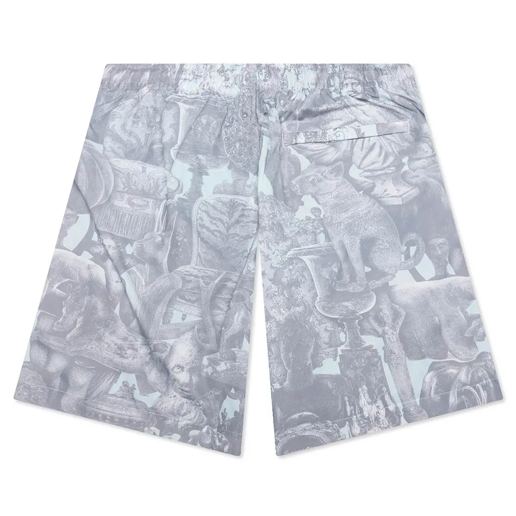 Linen Bermuda Swim Shorts with Hubert Objects Print - Prussian Blue/Grey