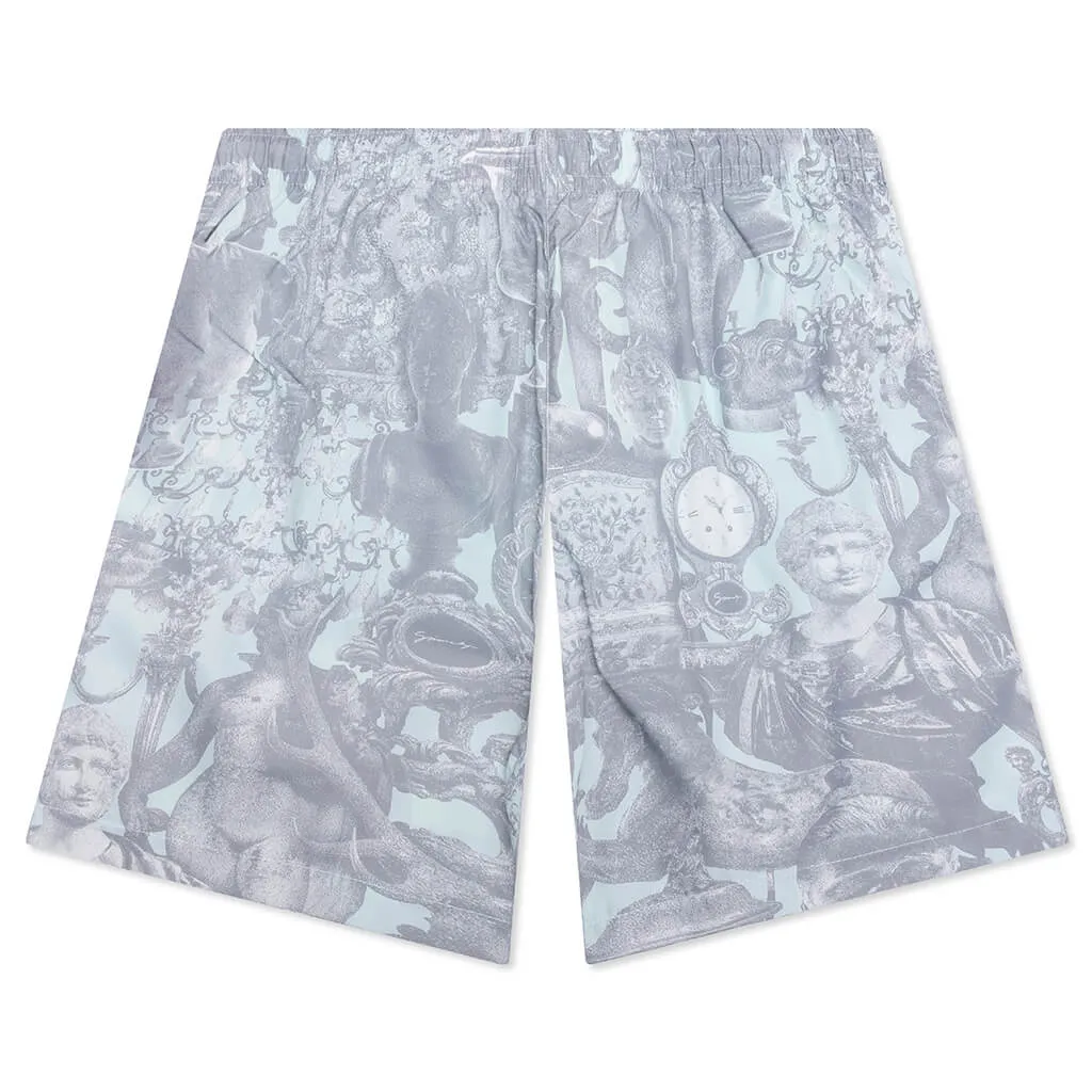 Linen Bermuda Swim Shorts with Hubert Objects Print - Prussian Blue/Grey