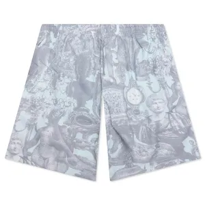 Linen Bermuda Swim Shorts with Hubert Objects Print - Prussian Blue/Grey
