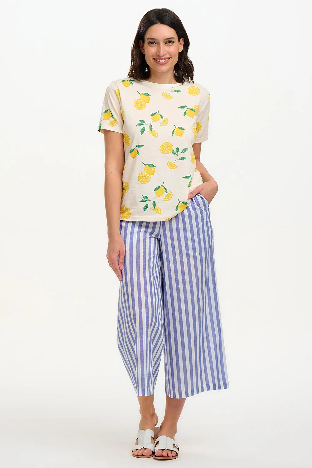 Maevis Wide Leg Cropped Trouser - Off-White/Blue. Bakers Stripe