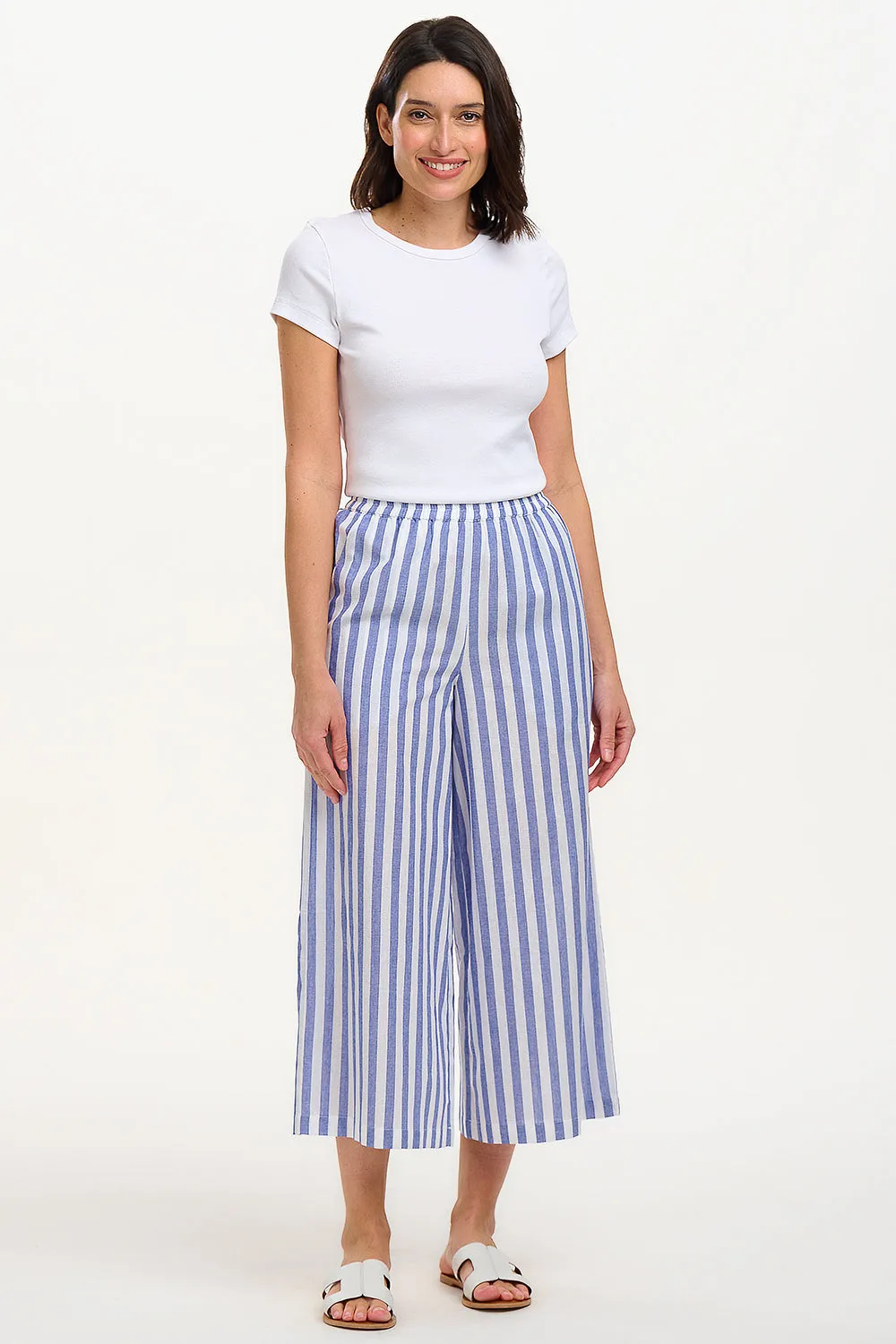 Maevis Wide Leg Cropped Trouser - Off-White/Blue. Bakers Stripe