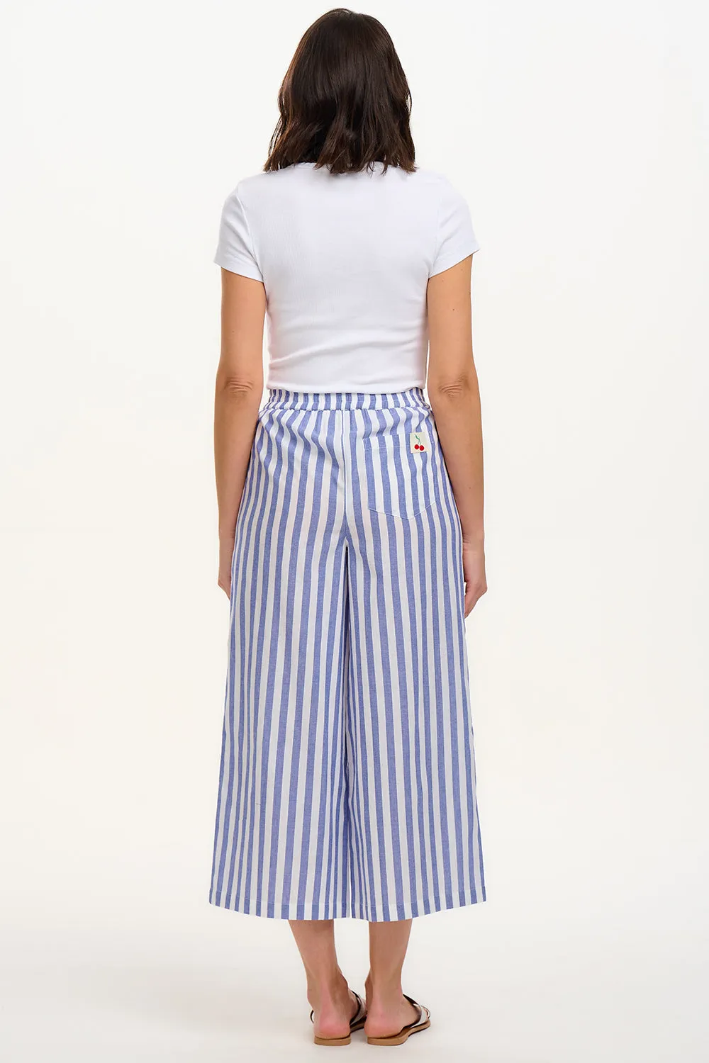 Maevis Wide Leg Cropped Trouser - Off-White/Blue. Bakers Stripe