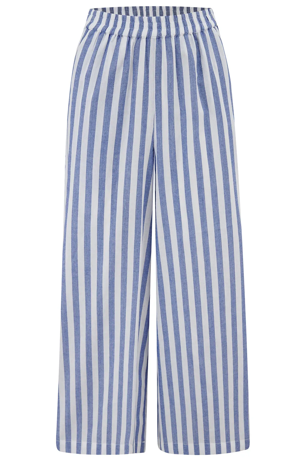 Maevis Wide Leg Cropped Trouser - Off-White/Blue. Bakers Stripe