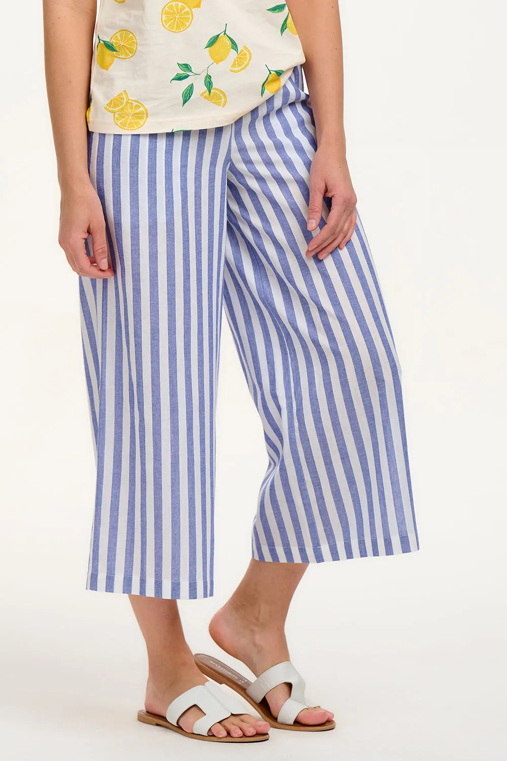 Maevis Wide Leg Cropped Trouser - Off-White/Blue. Bakers Stripe