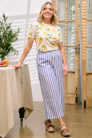 Maevis Wide Leg Cropped Trouser - Off-White/Blue. Bakers Stripe