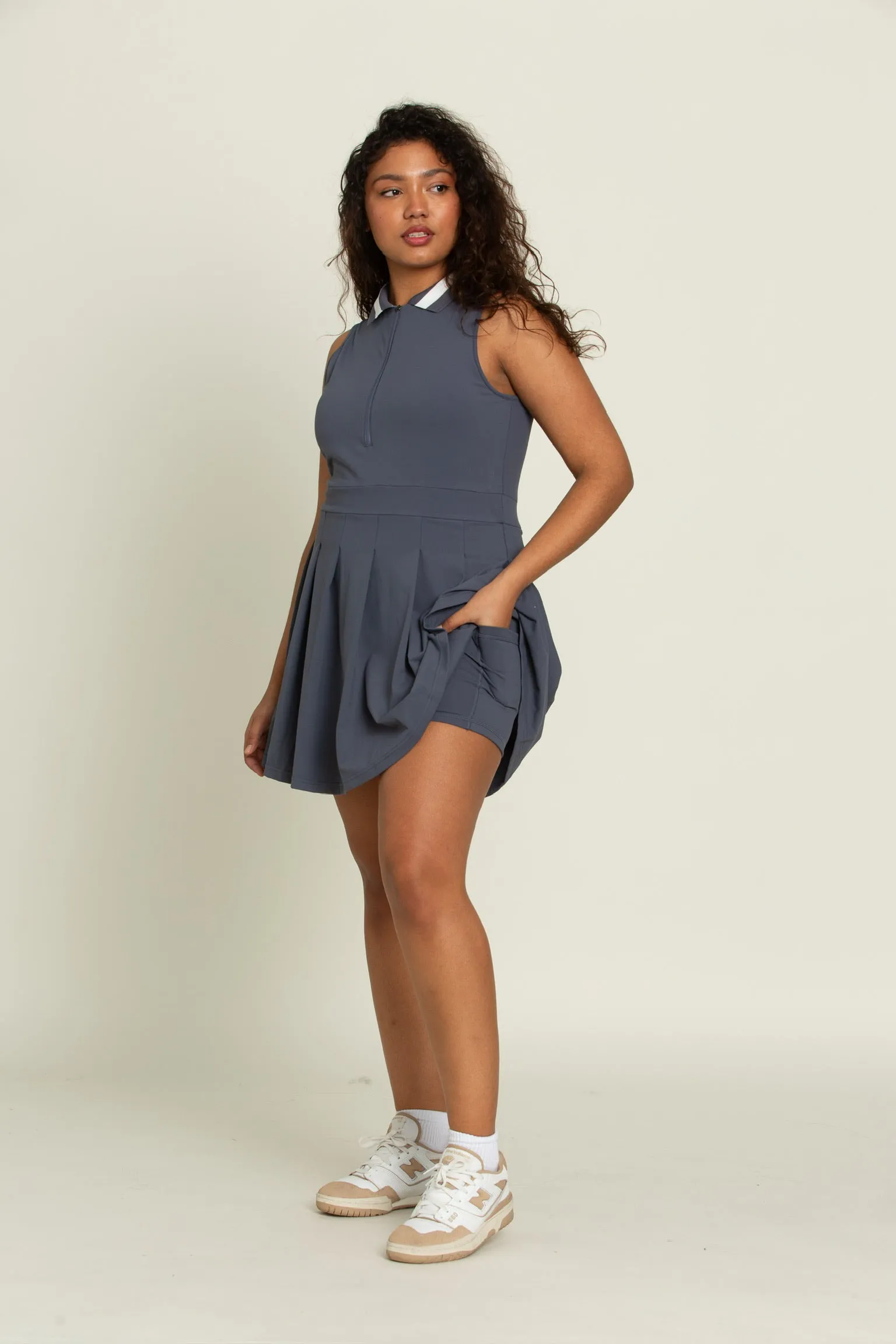 Navy Pleated Lined Collar Tennis Dress