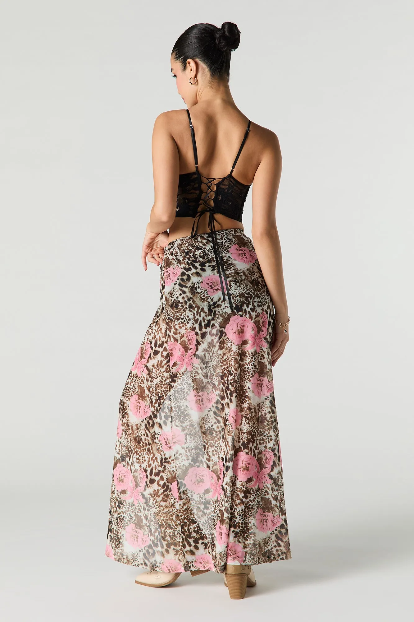 Printed Mesh Maxi Wrap Skort