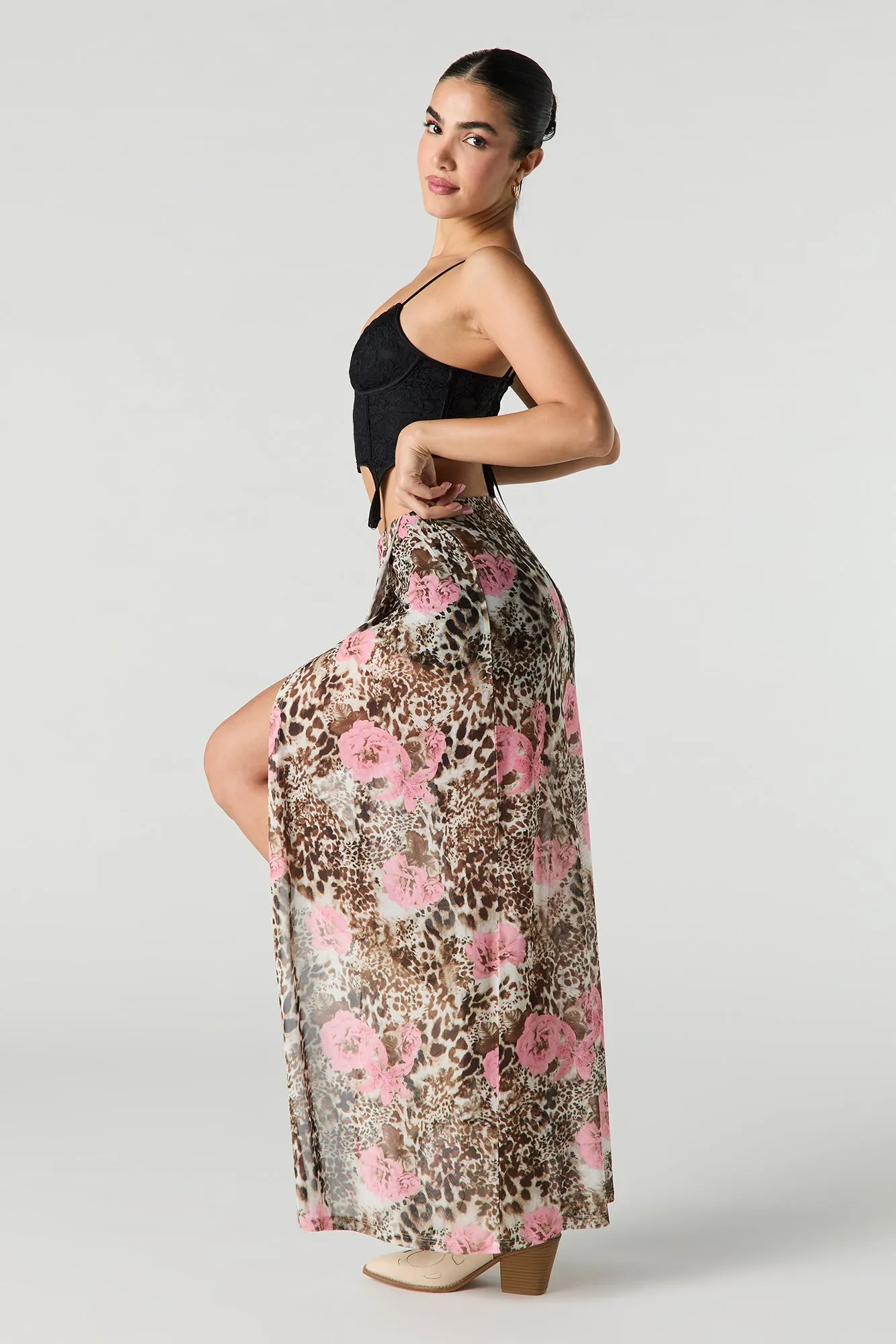 Printed Mesh Maxi Wrap Skort