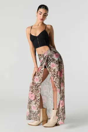 Printed Mesh Maxi Wrap Skort
