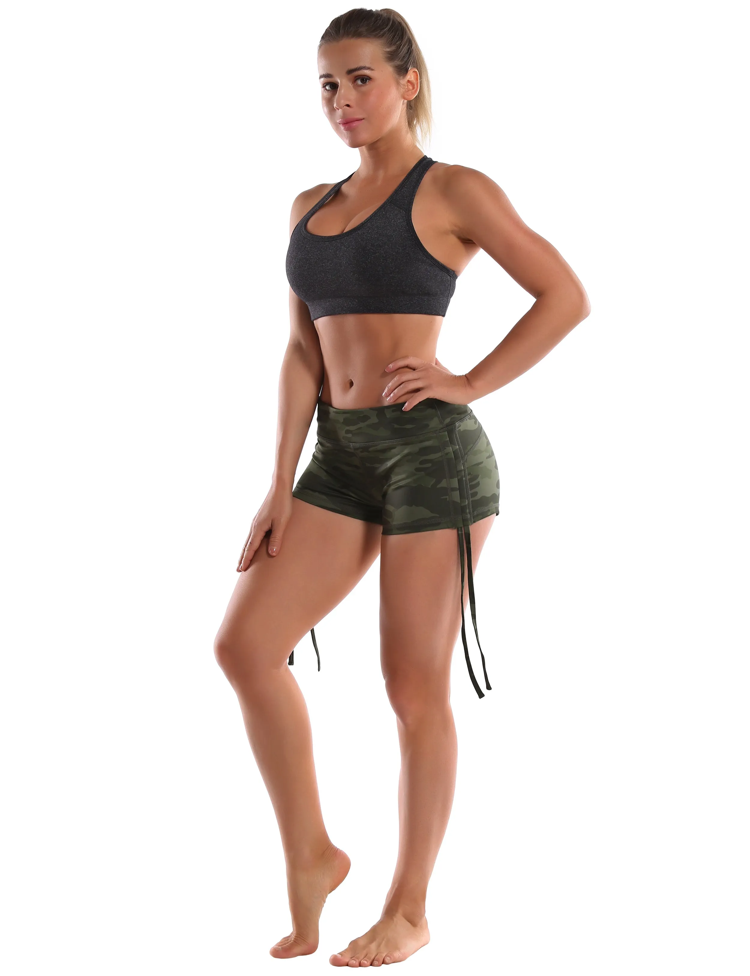 Printed Side Drawstring Hot Shorts green camo_Biking