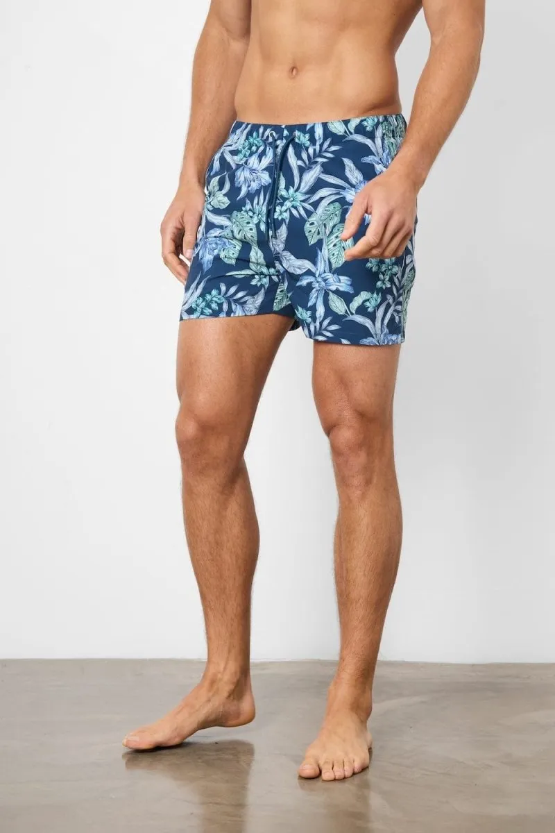 Printed Swim Short In Navy/Aqua Tropical Floral