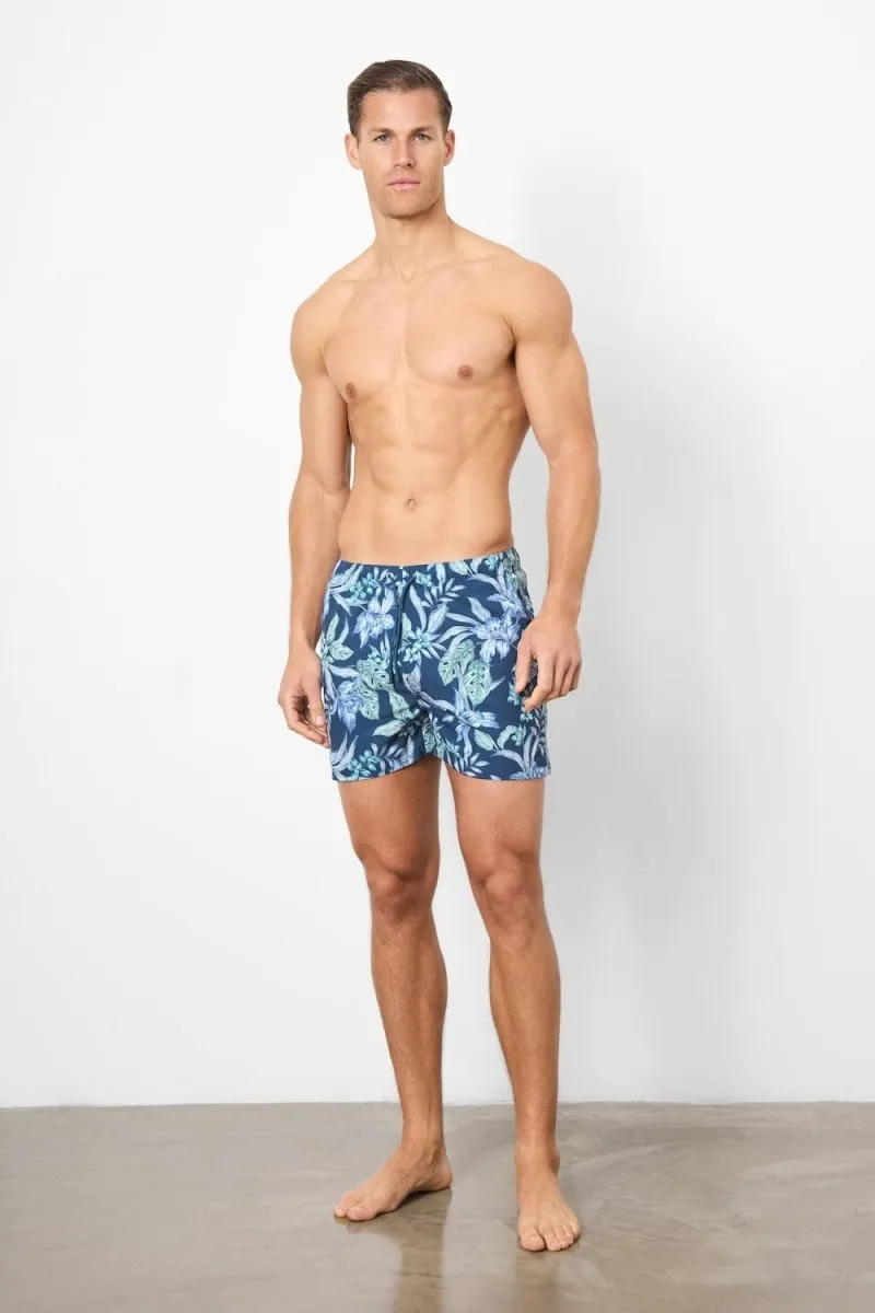 Printed Swim Short In Navy/Aqua Tropical Floral