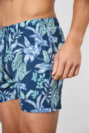 Printed Swim Short In Navy/Aqua Tropical Floral