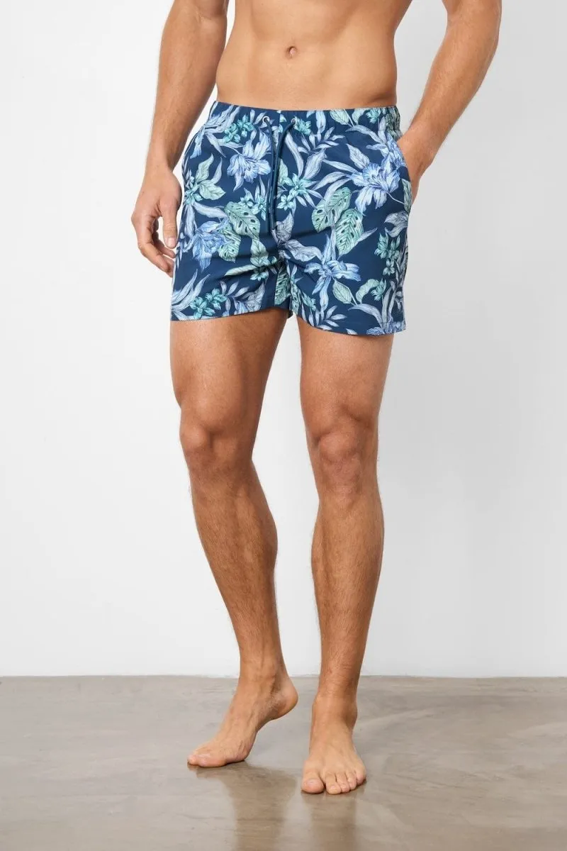 Printed Swim Short In Navy/Aqua Tropical Floral