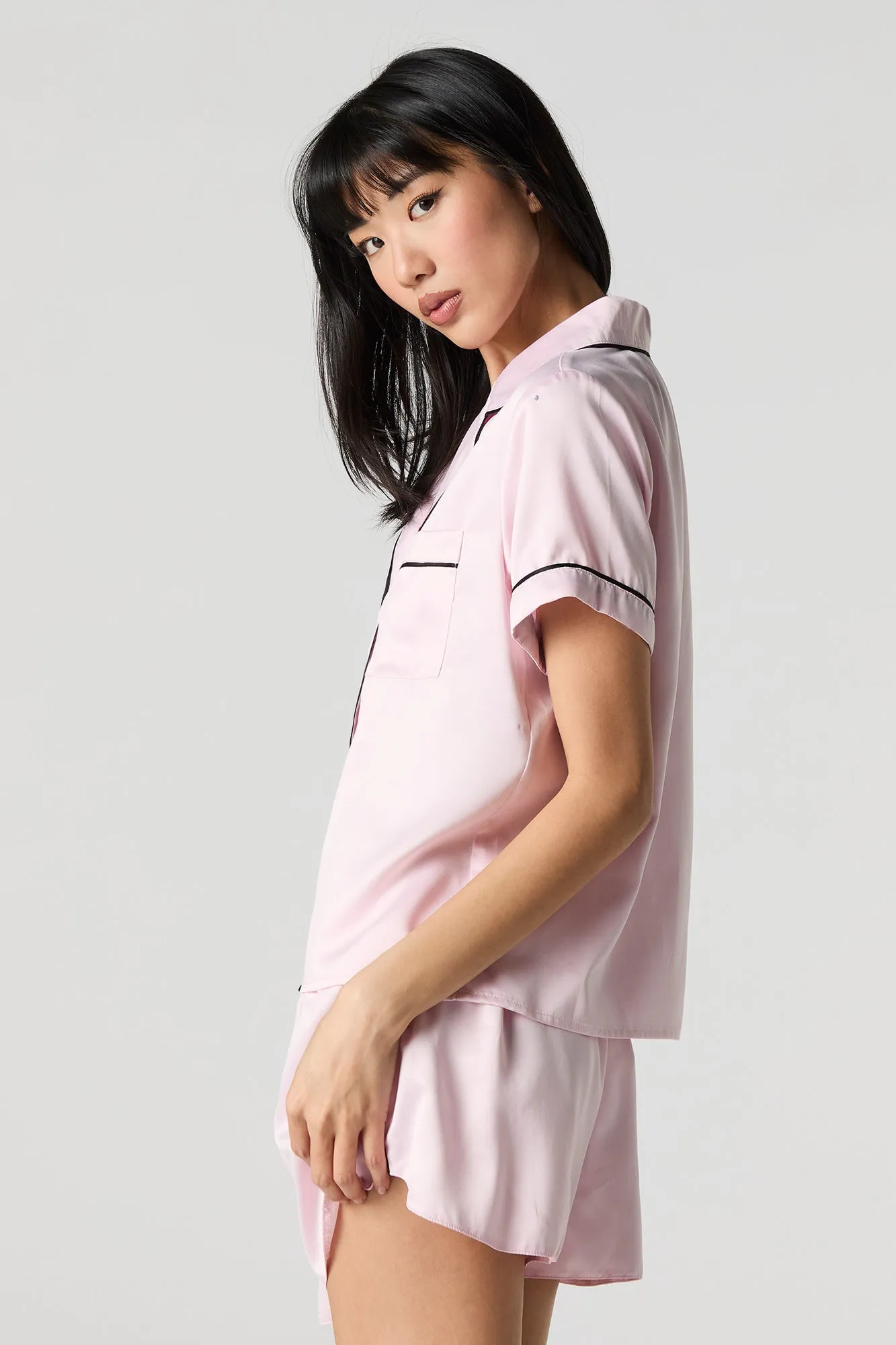 Satin Button-Up Shirt & Short 2 Piece Pajama Set