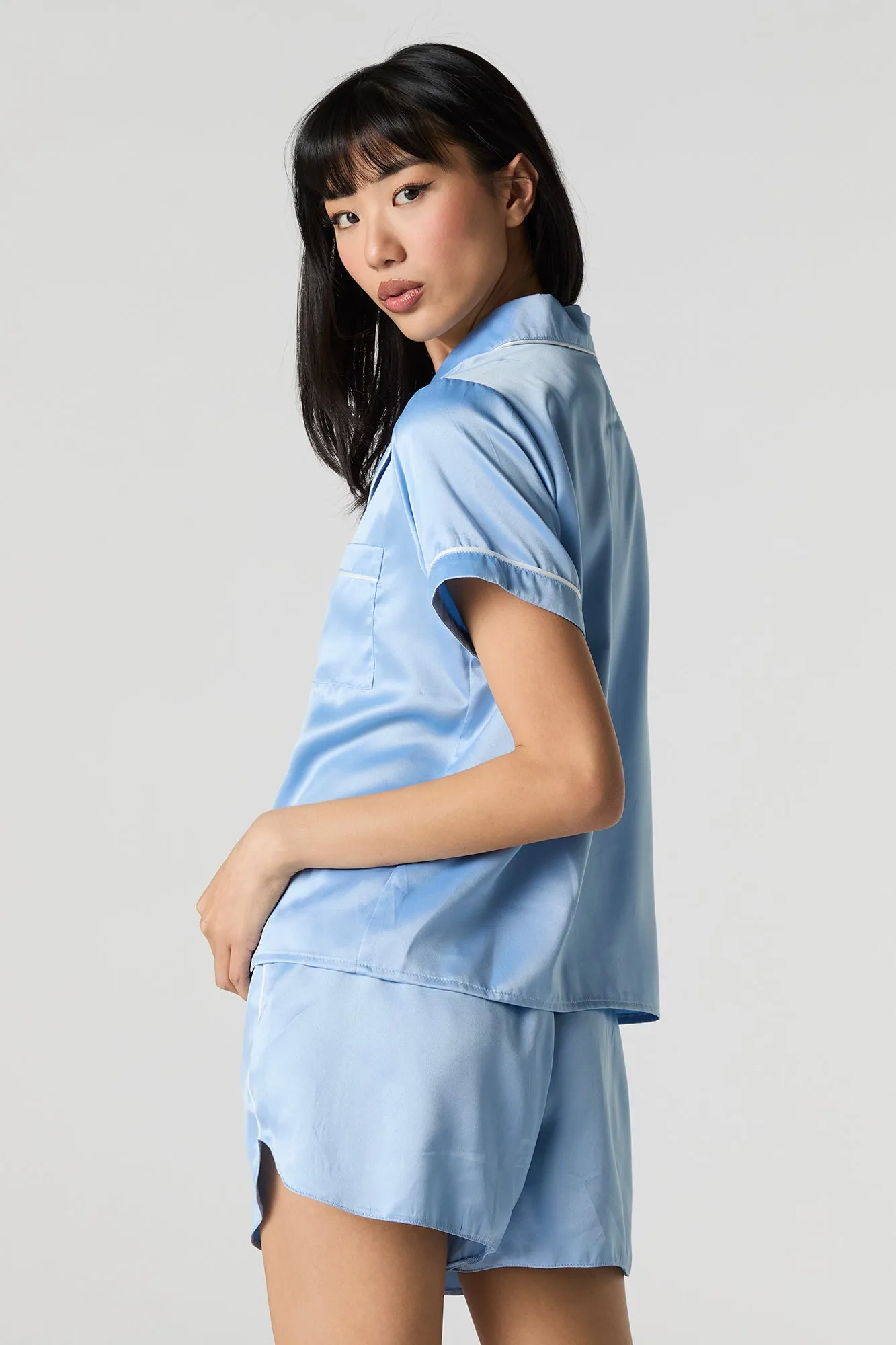 Satin Button-Up Shirt & Short 2 Piece Pajama Set