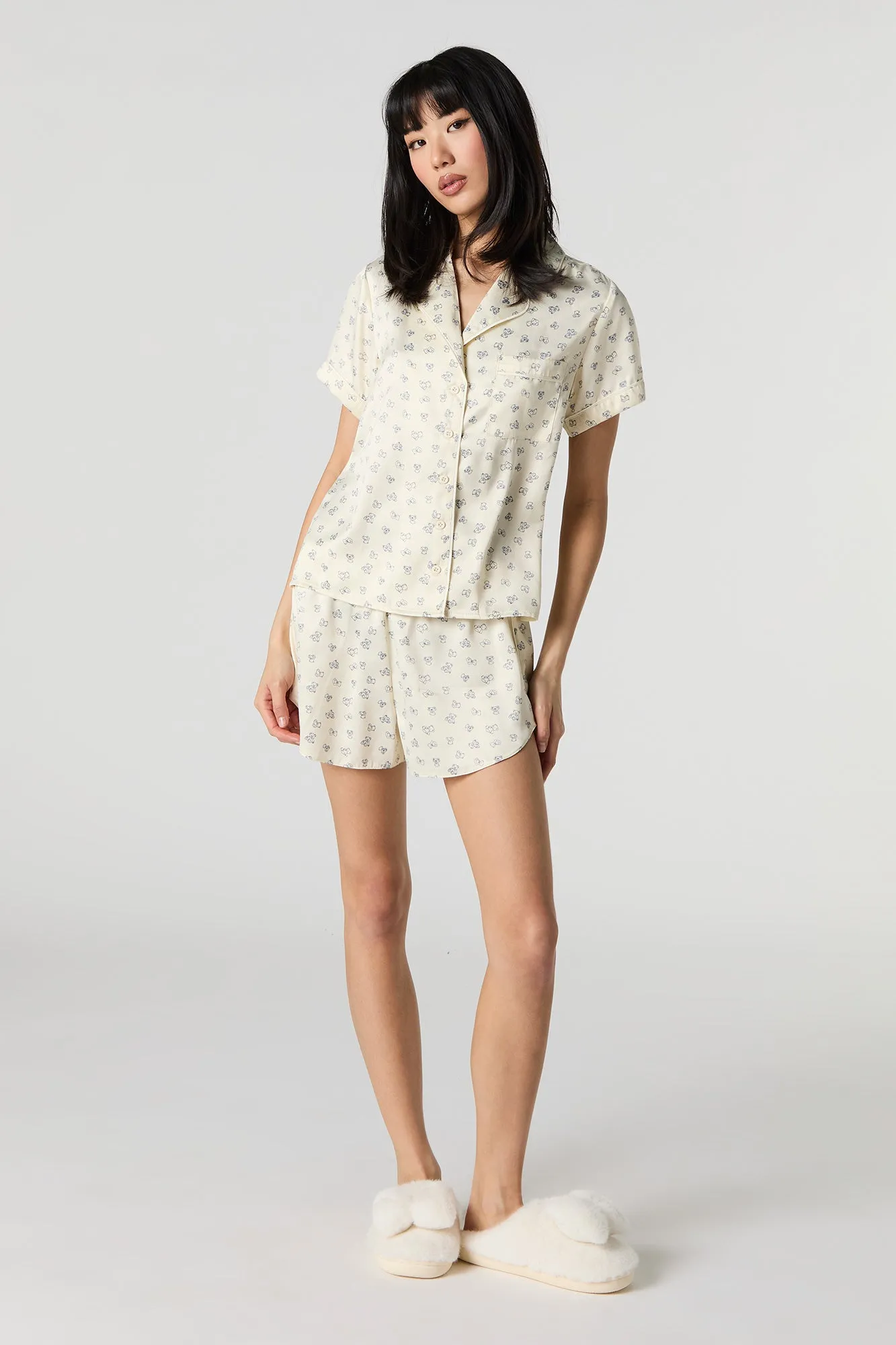Satin Button-Up Shirt & Short 2 Piece Pajama Set