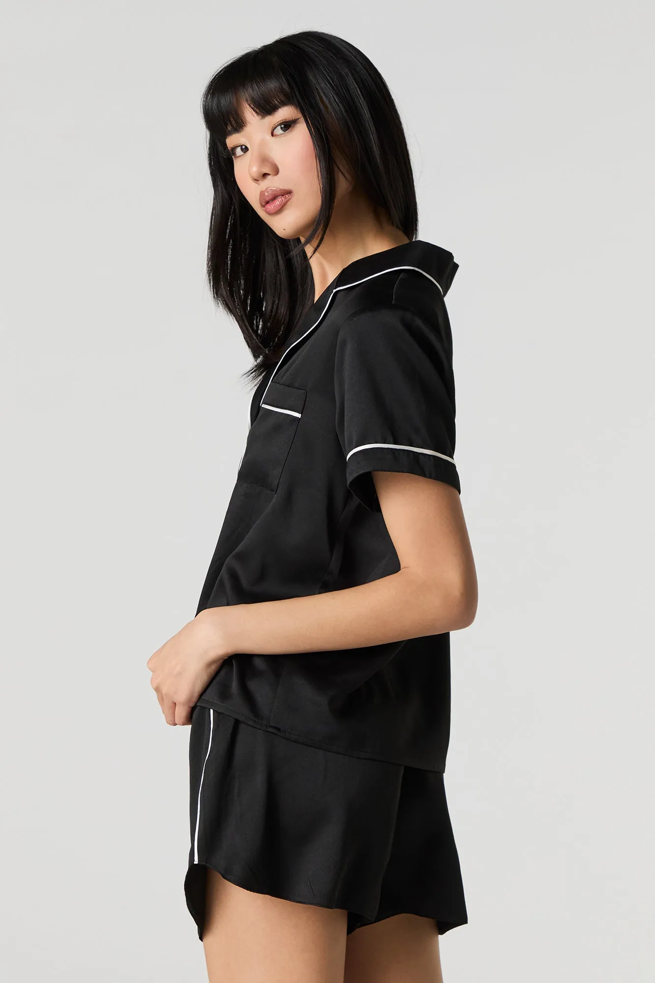Satin Button-Up Shirt & Short 2 Piece Pajama Set