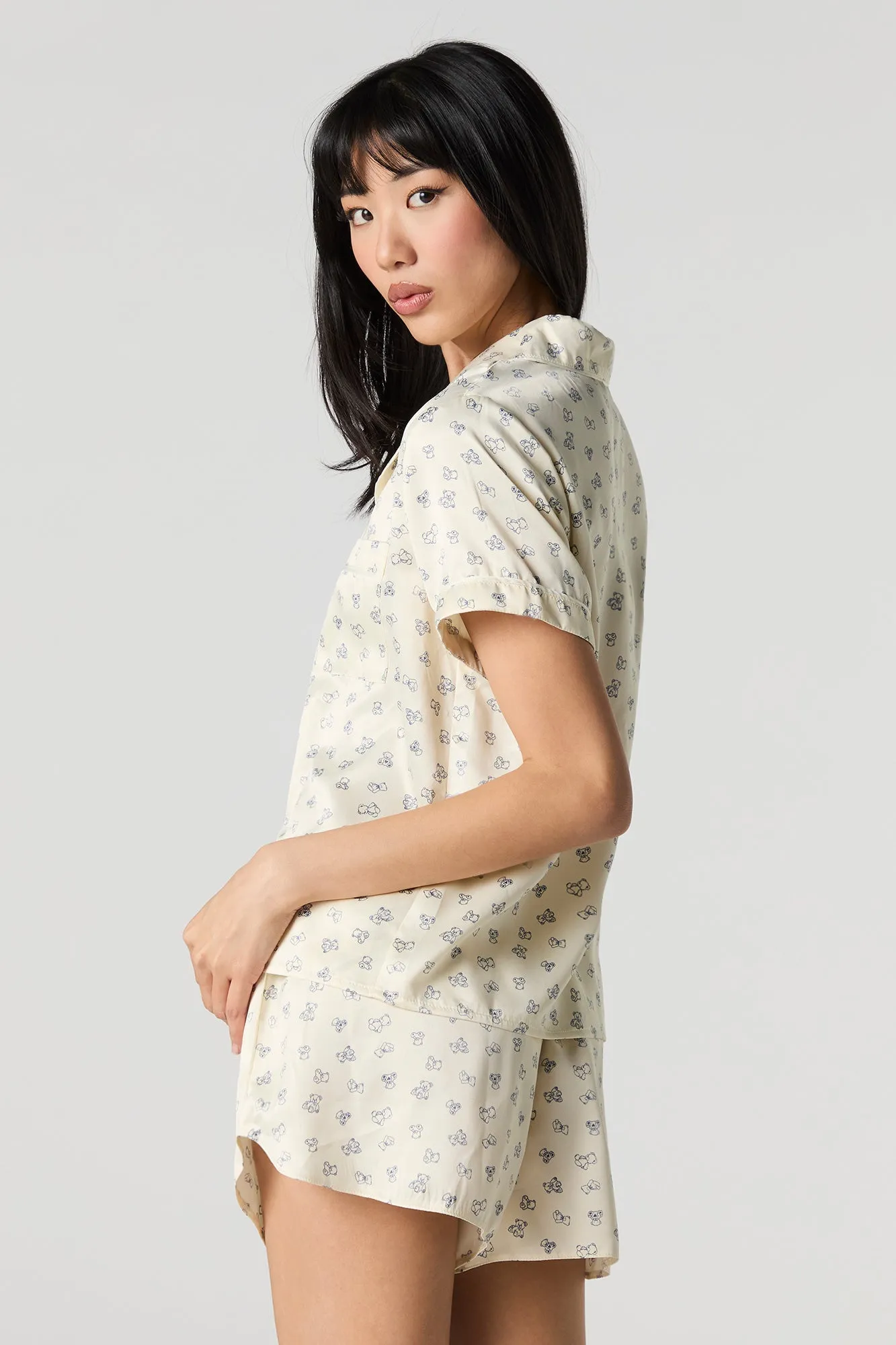 Satin Button-Up Shirt & Short 2 Piece Pajama Set