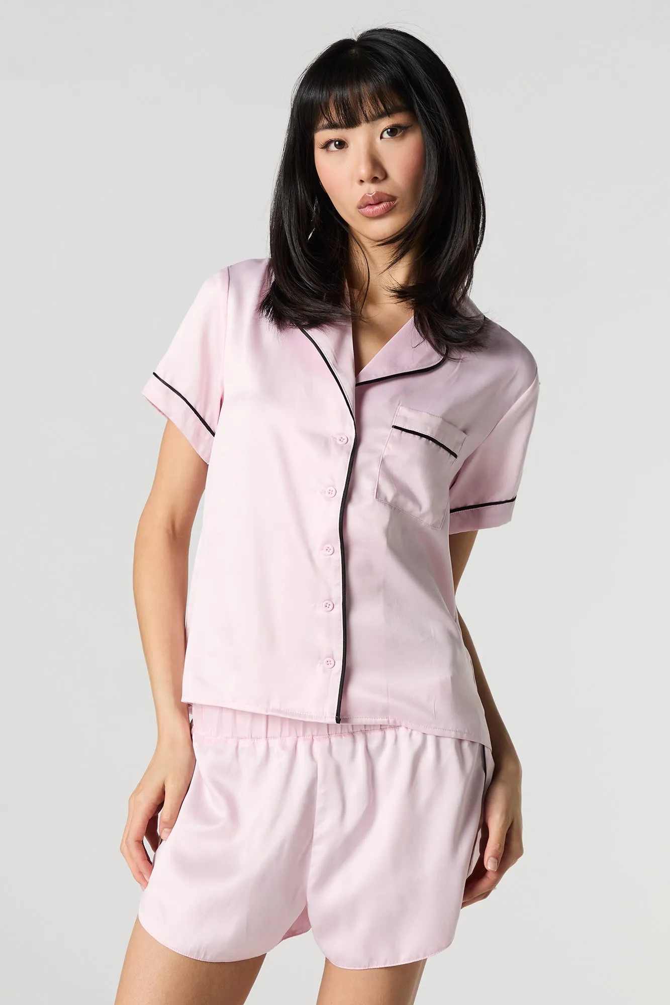 Satin Button-Up Shirt & Short 2 Piece Pajama Set