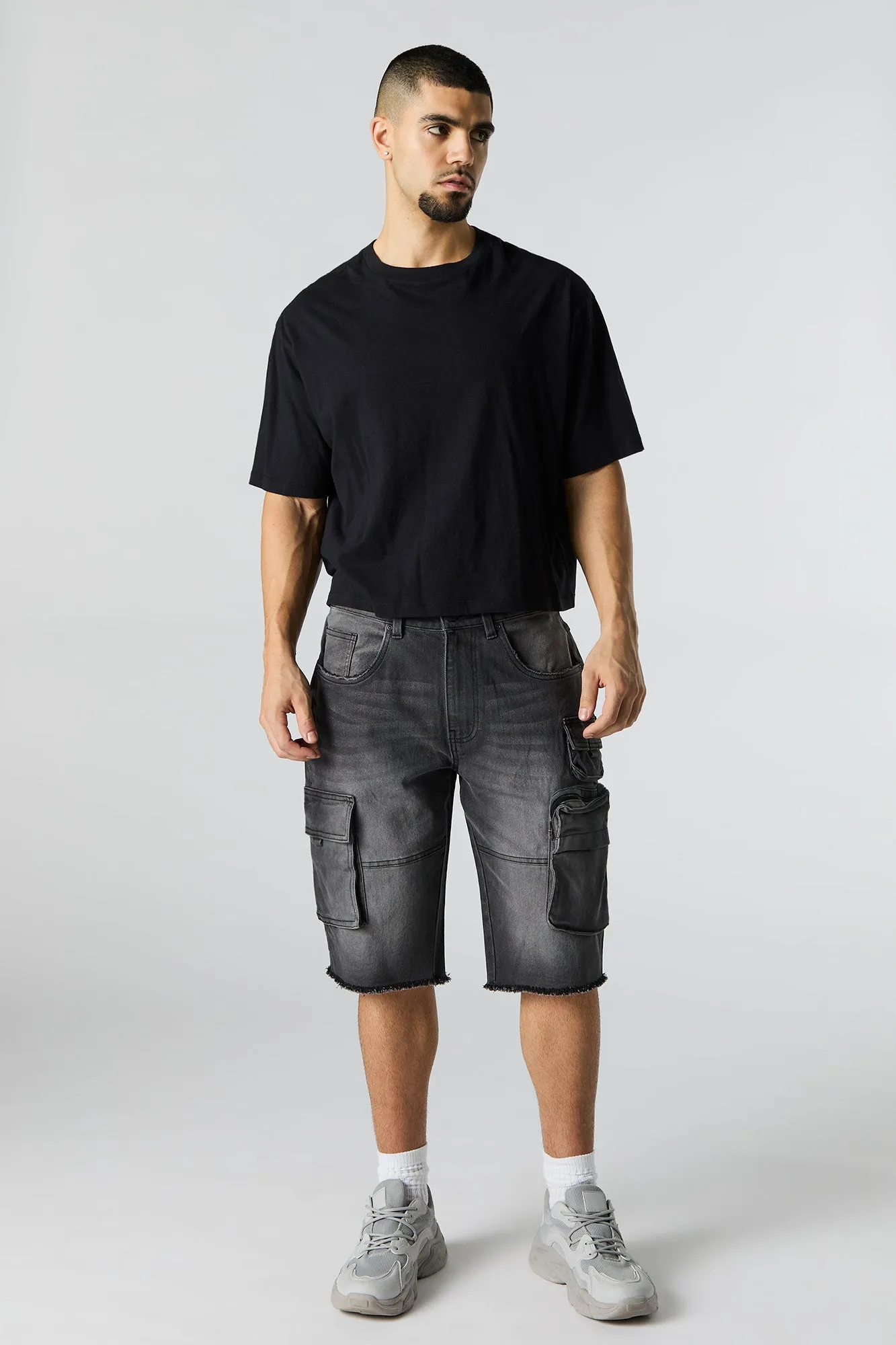 Stretch Denim Longline Cargo Short