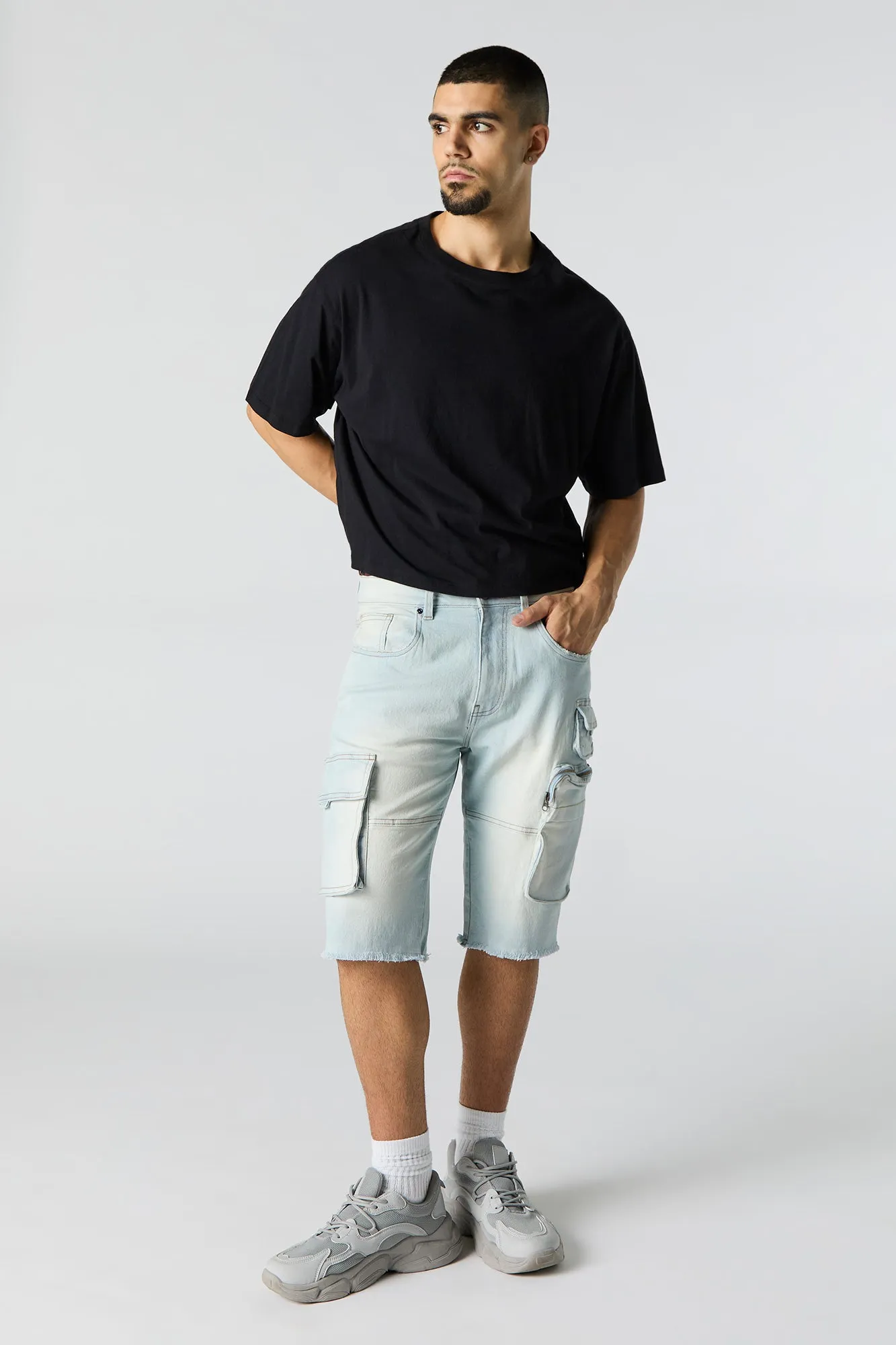 Stretch Denim Longline Cargo Short