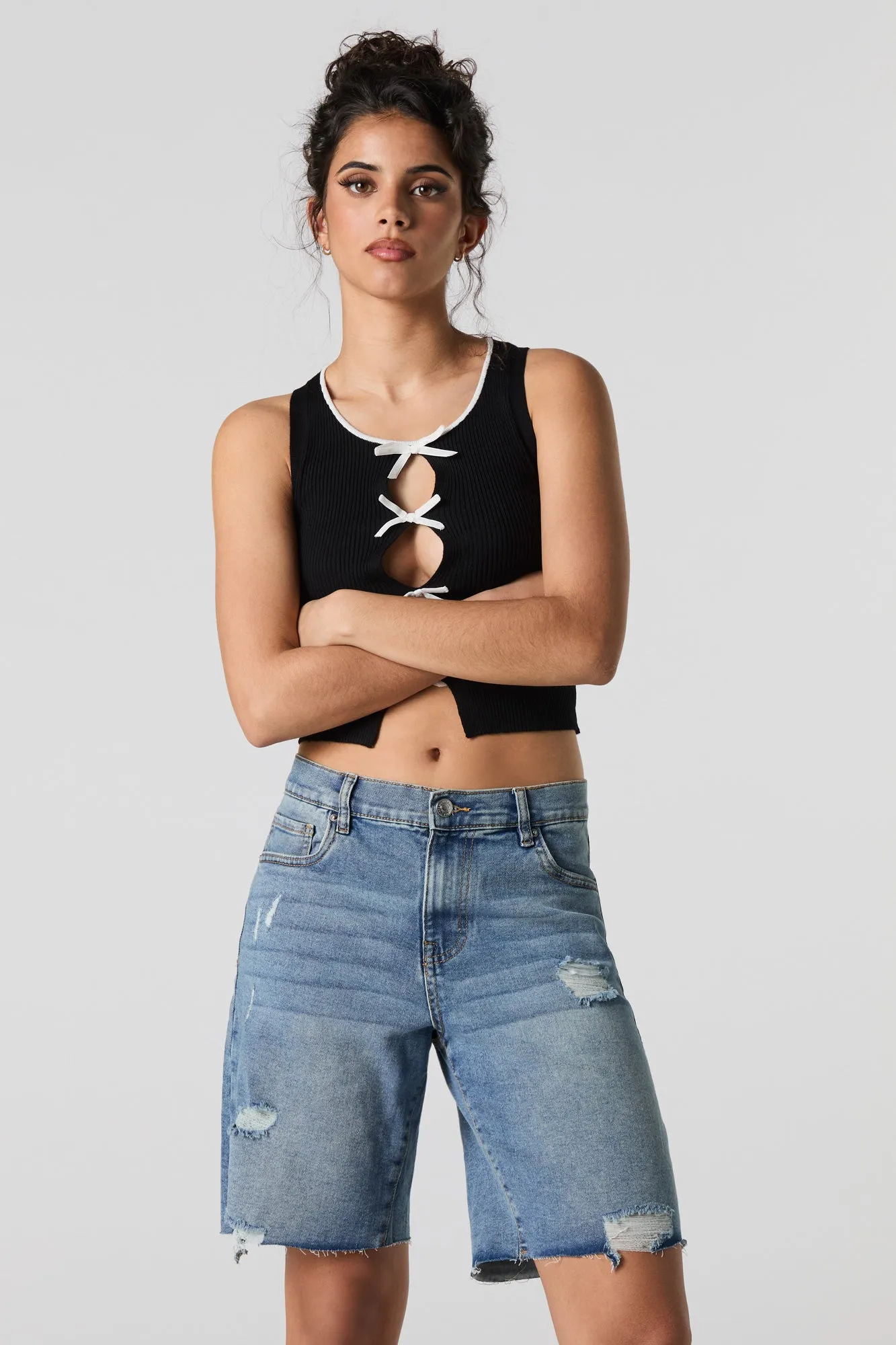 Stretch Distressed Denim Bermuda Short